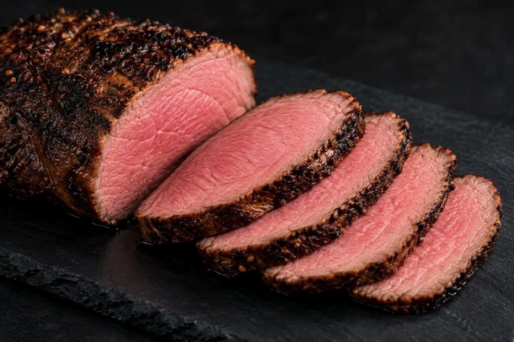 Slices of slow-roasted beef showing uniform edge-to-edge medium-rare doneness.