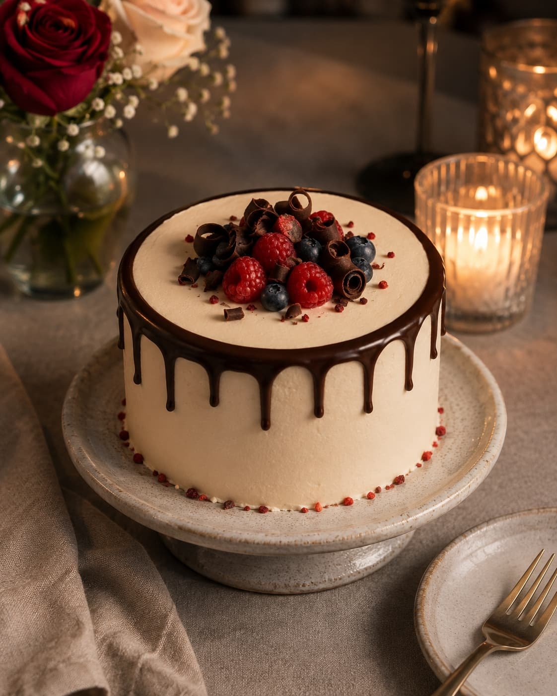 Small 6-inch cake styled with ganache and berries for a date night or anniversary