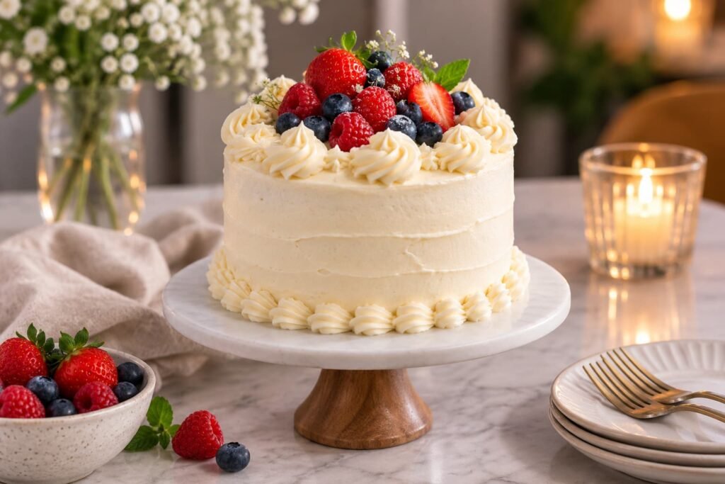 Small 6-inch layer cake with simple frosting and berries for a small celebration