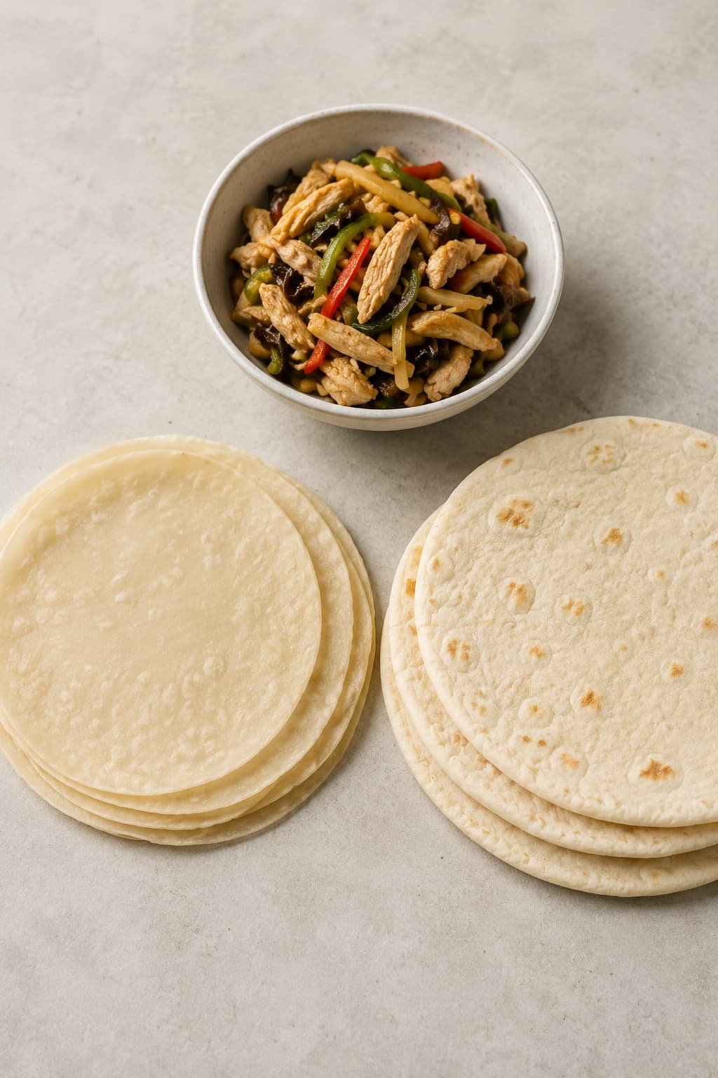 Thin Mandarin-style pancakes beside thicker flour tortillas for moo shu chicken