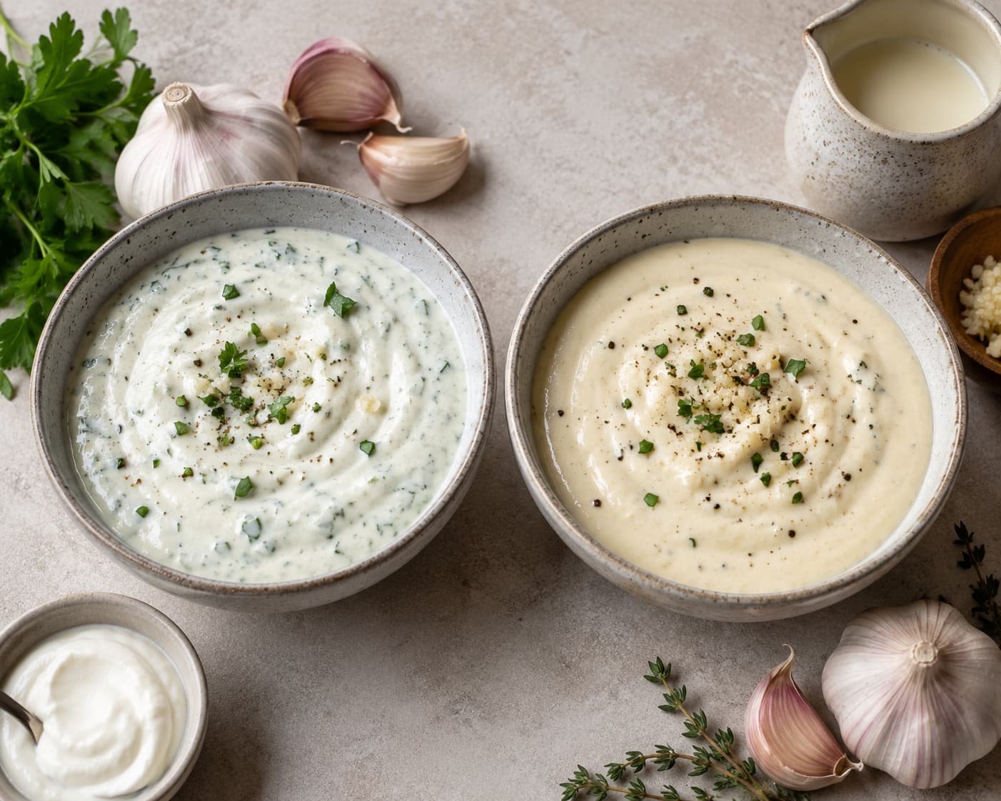 Yogurt-based and warm cream-based garlic sauces shown side by side