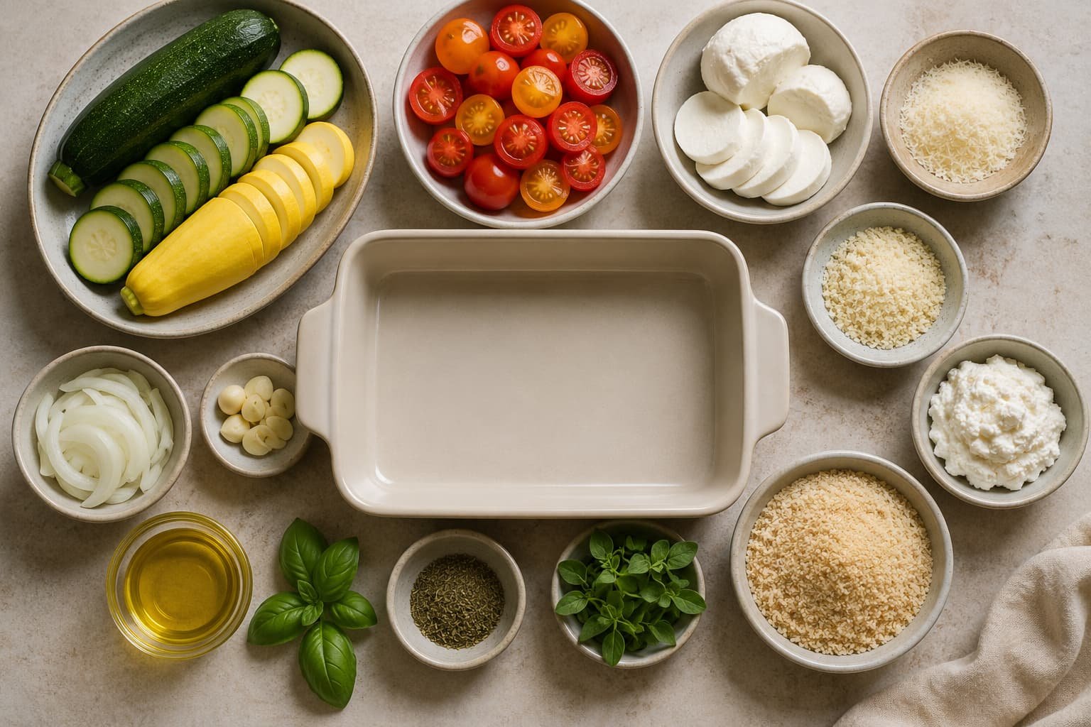 Zucchini, yellow squash, tomatoes, cheeses, herbs, and other squash bake ingredients
