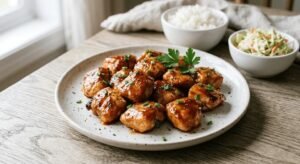 Honey BBQ chicken bites served with rice and slaw