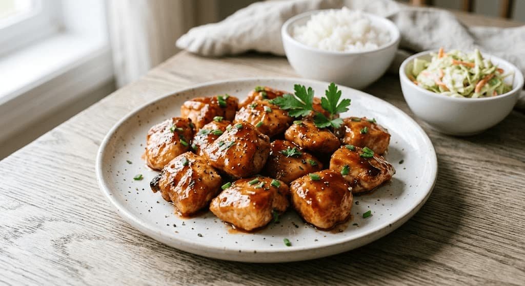 Honey BBQ chicken bites served with rice and slaw
