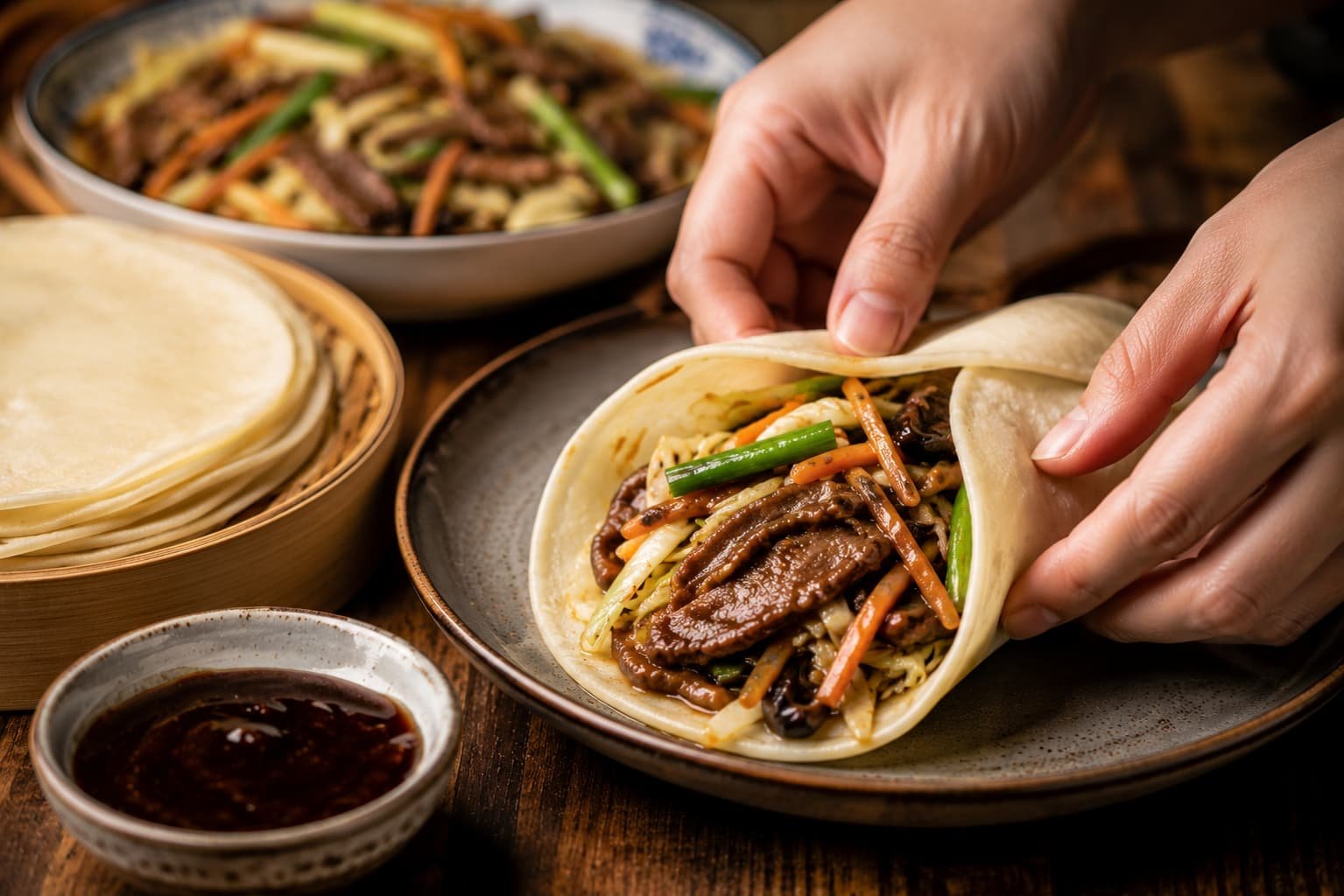 moo shu beef with pancakes​
