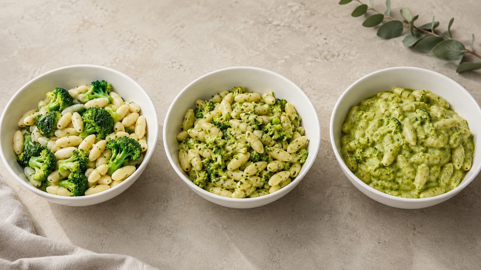 Three broccoli textures with cavatelli: florets, softened pieces, and blended coating