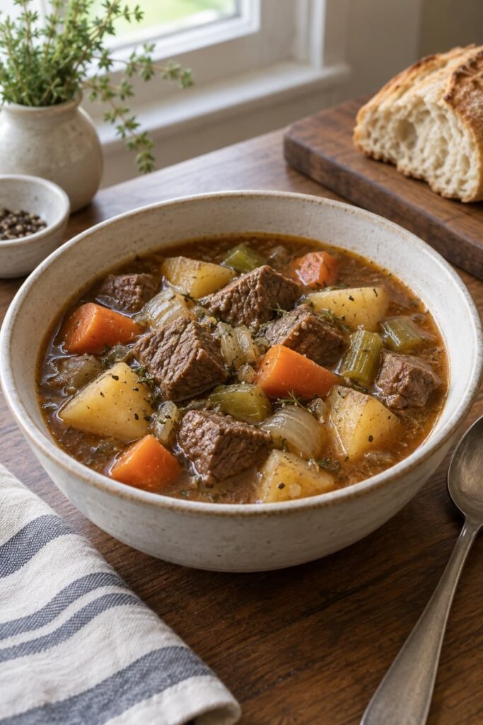 American-style beef stew with beef, potatoes, carrots, onions, and celery