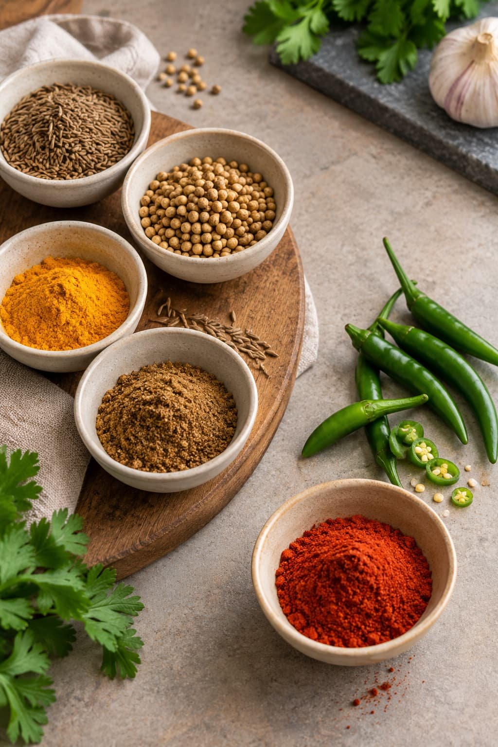 Aromatic spices and chili ingredients arranged separately for lamb keema