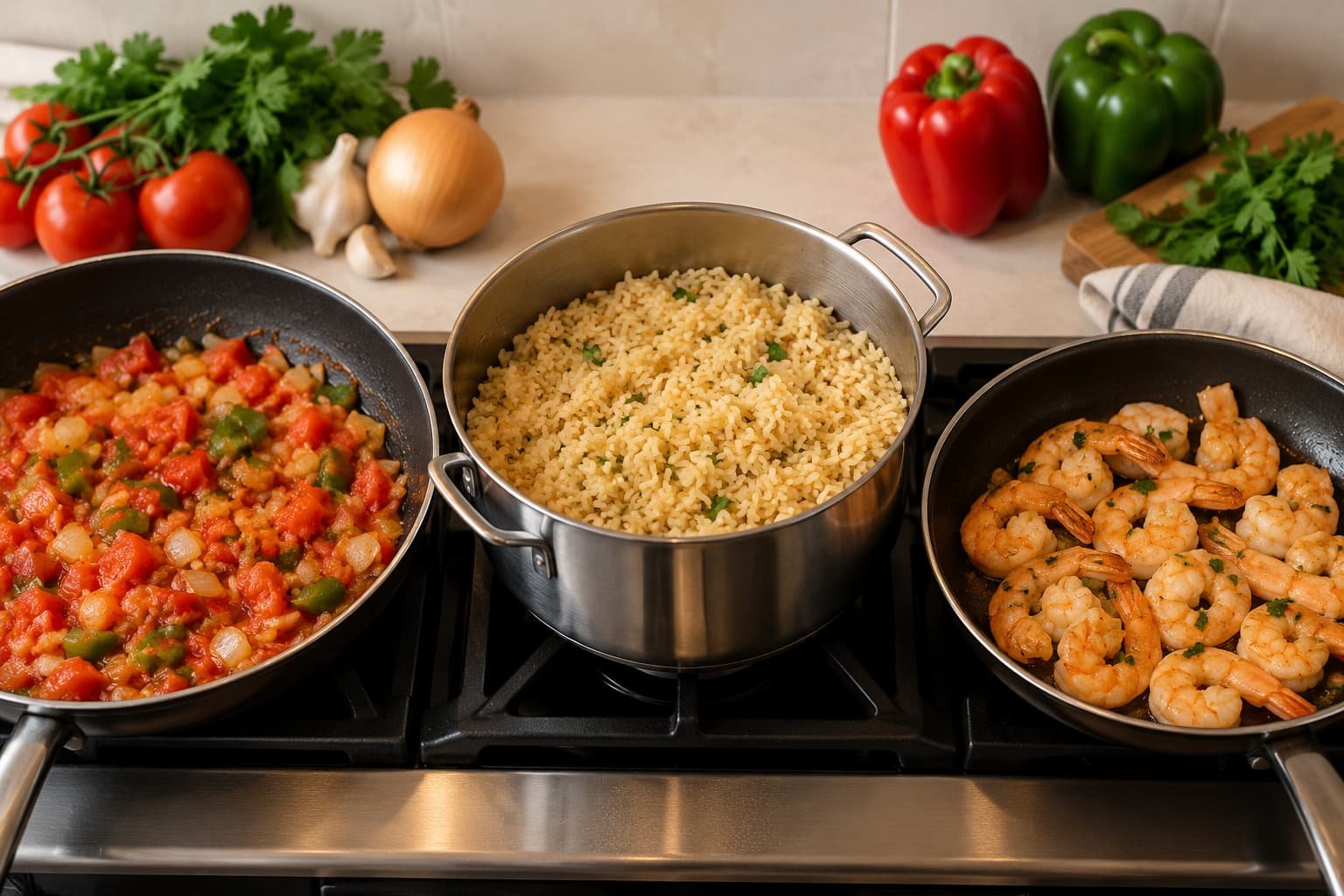 Aromatic vegetables, seasoned rice, and shrimp shown as separate preparation stages