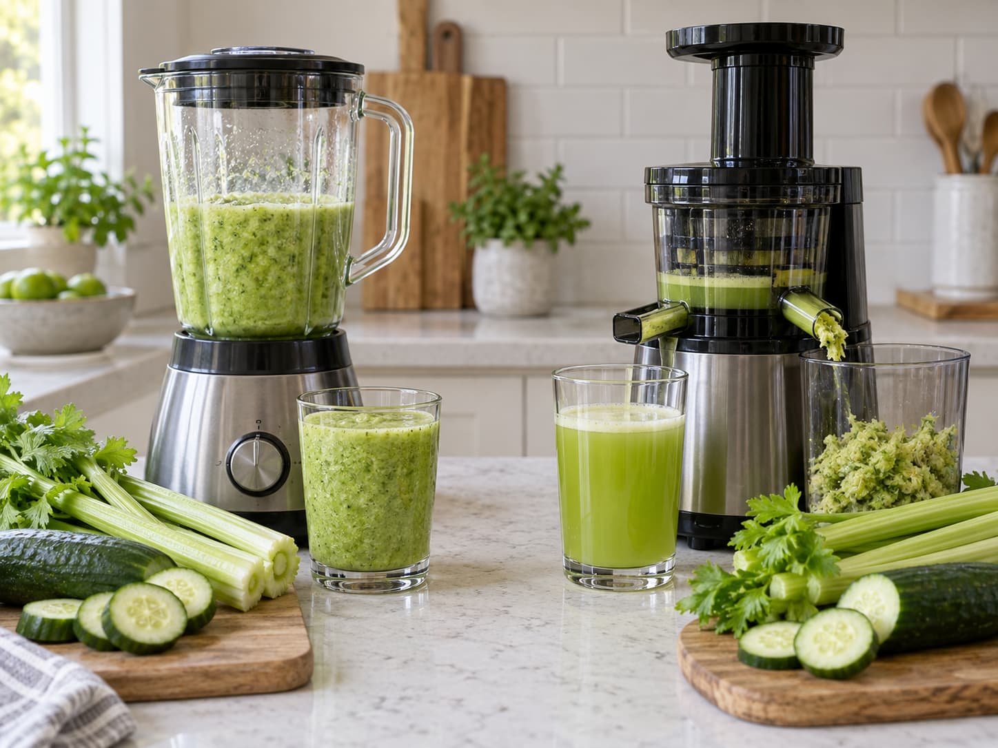 Blender-made celery and cucumber drink compared with thinner juice from a juicer