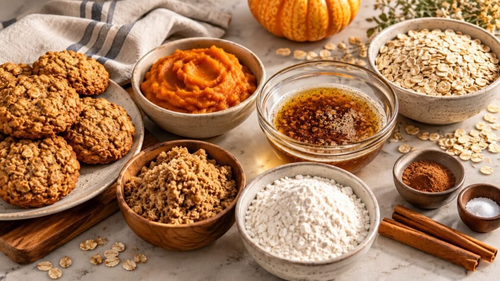 Brown butter, pumpkin puree, rolled oats, and baking ingredients arranged for pumpkin oatmeal cookies