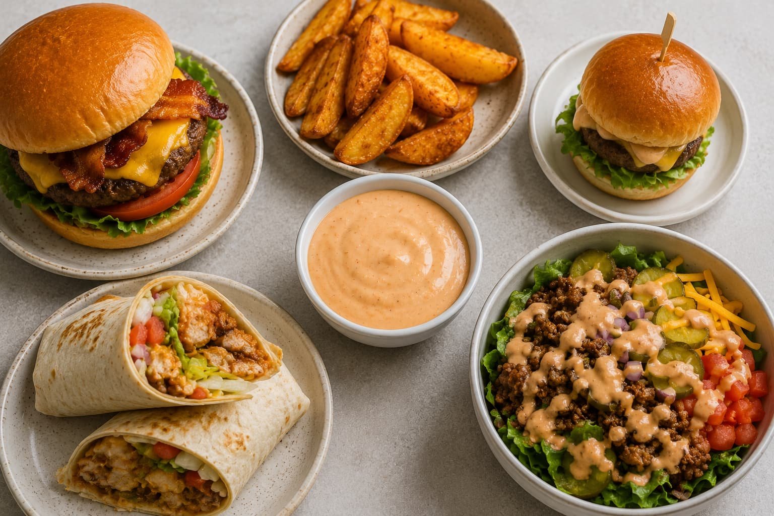 Burger sauce served with a burger, slider, potato wedges, wrap, and burger-style bowl