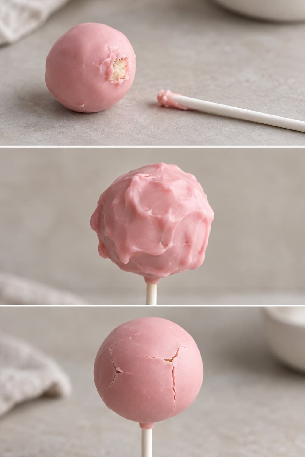 Cake pop examples showing a loose stick, thick coating, and cracked coating