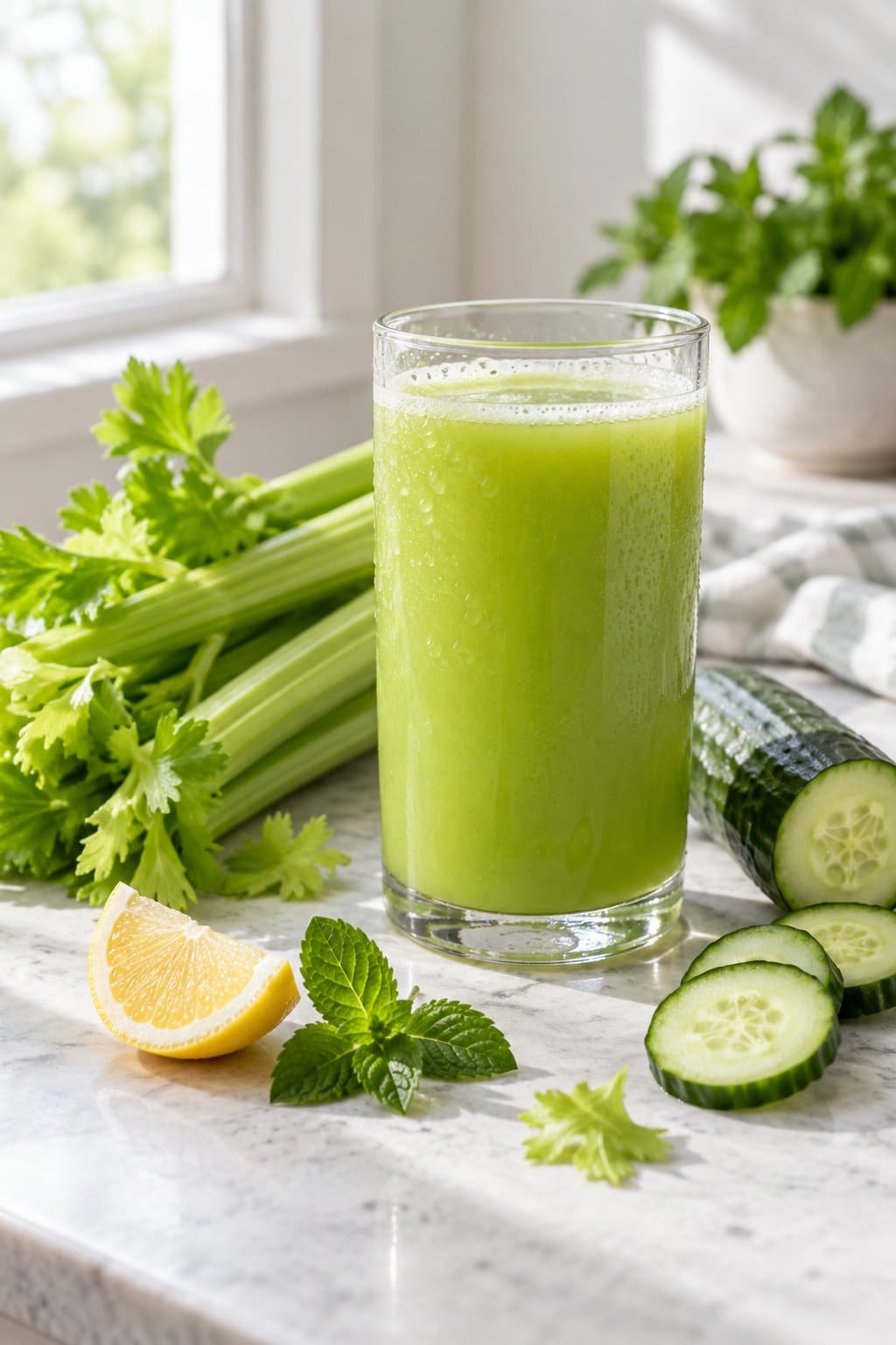 Celery and cucumber juice with fresh celery, cucumber, lemon, and mint