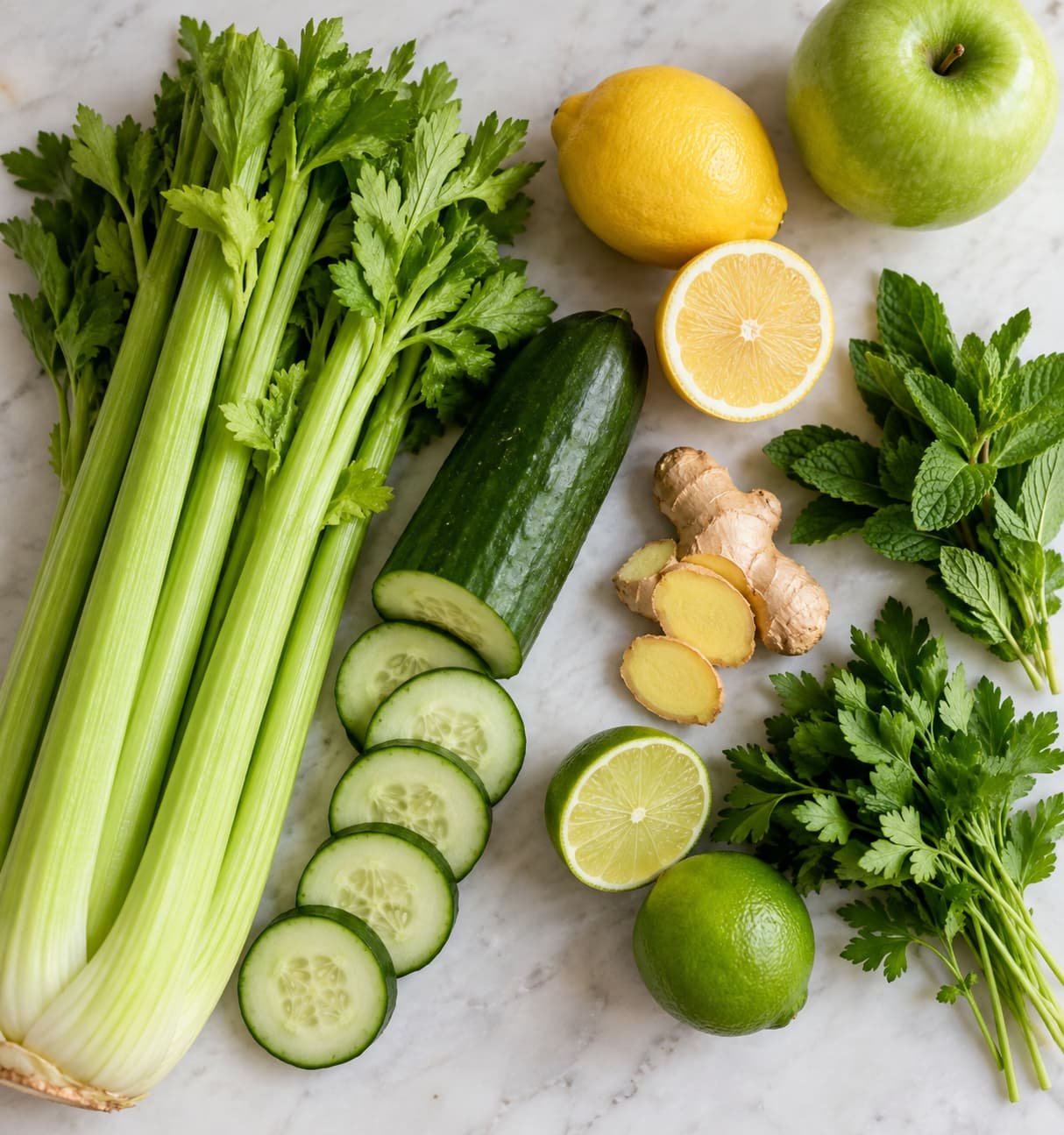 Celery, cucumber, citrus, ginger, mint, parsley, and apple for vegetable juice variations