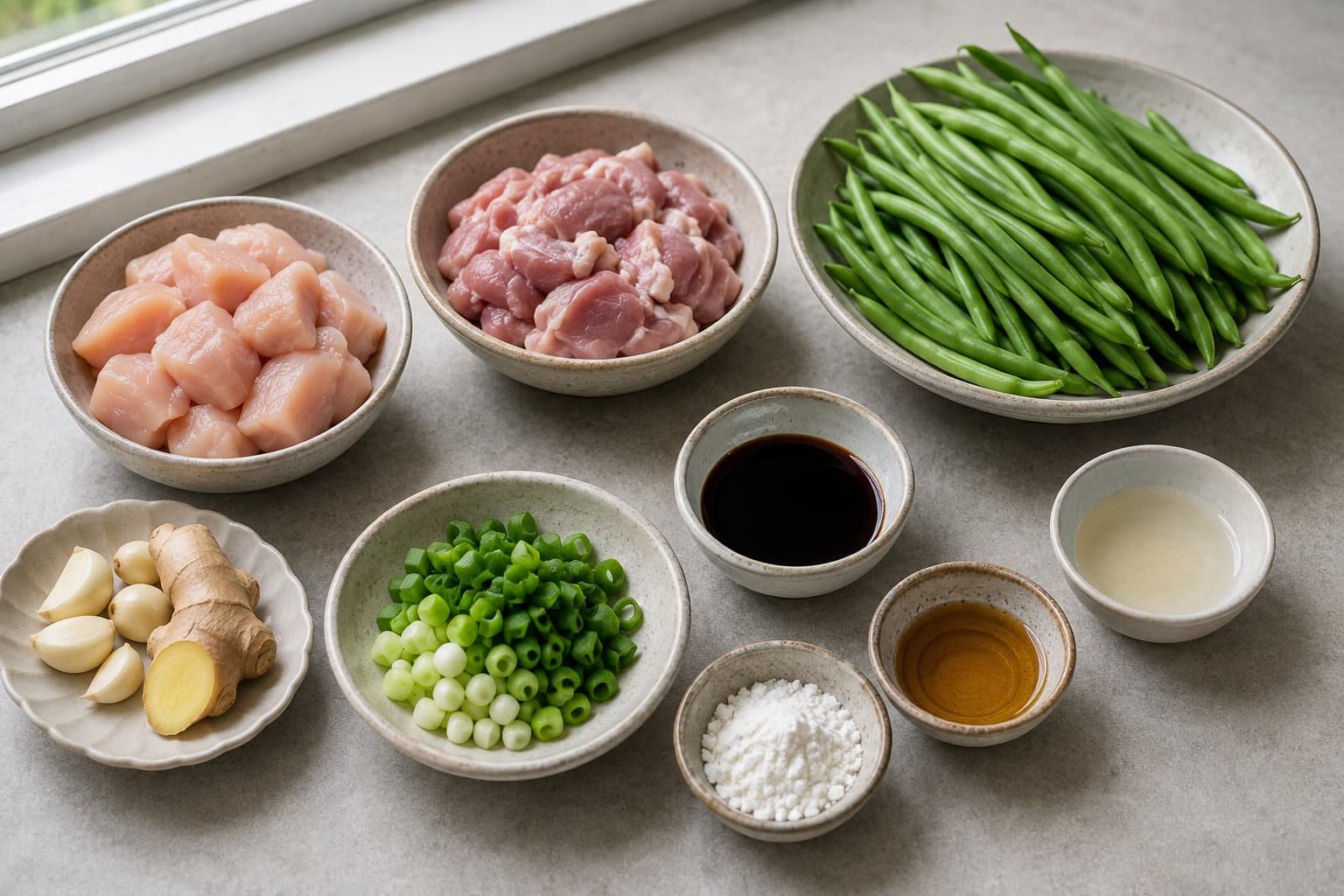Chicken breast, chicken thighs, green beans, aromatics, and stir-fry sauce ingredients arranged separately