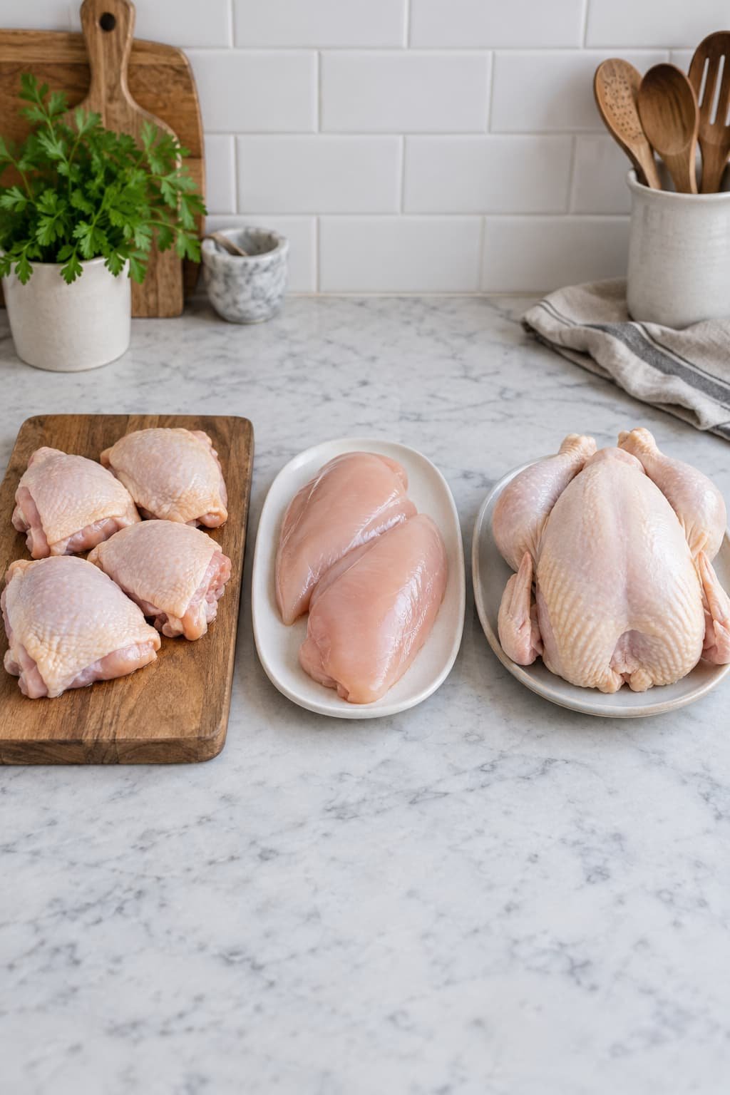 Chicken thighs, chicken breasts, and a whole chicken shown as different options for pot-roast-style cooking