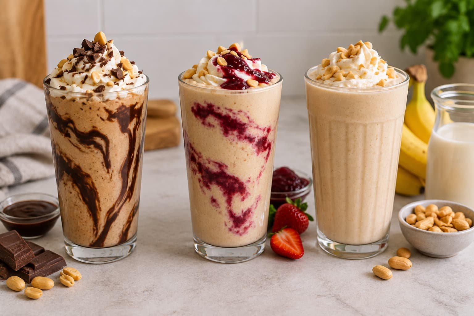 Chocolate, peanut butter and jelly, and dairy-free peanut butter milkshake variations