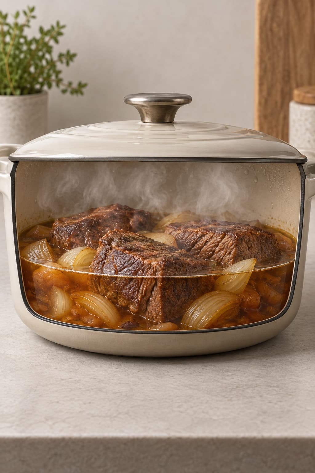 Chuck steak partly submerged in braising liquid inside a covered pot