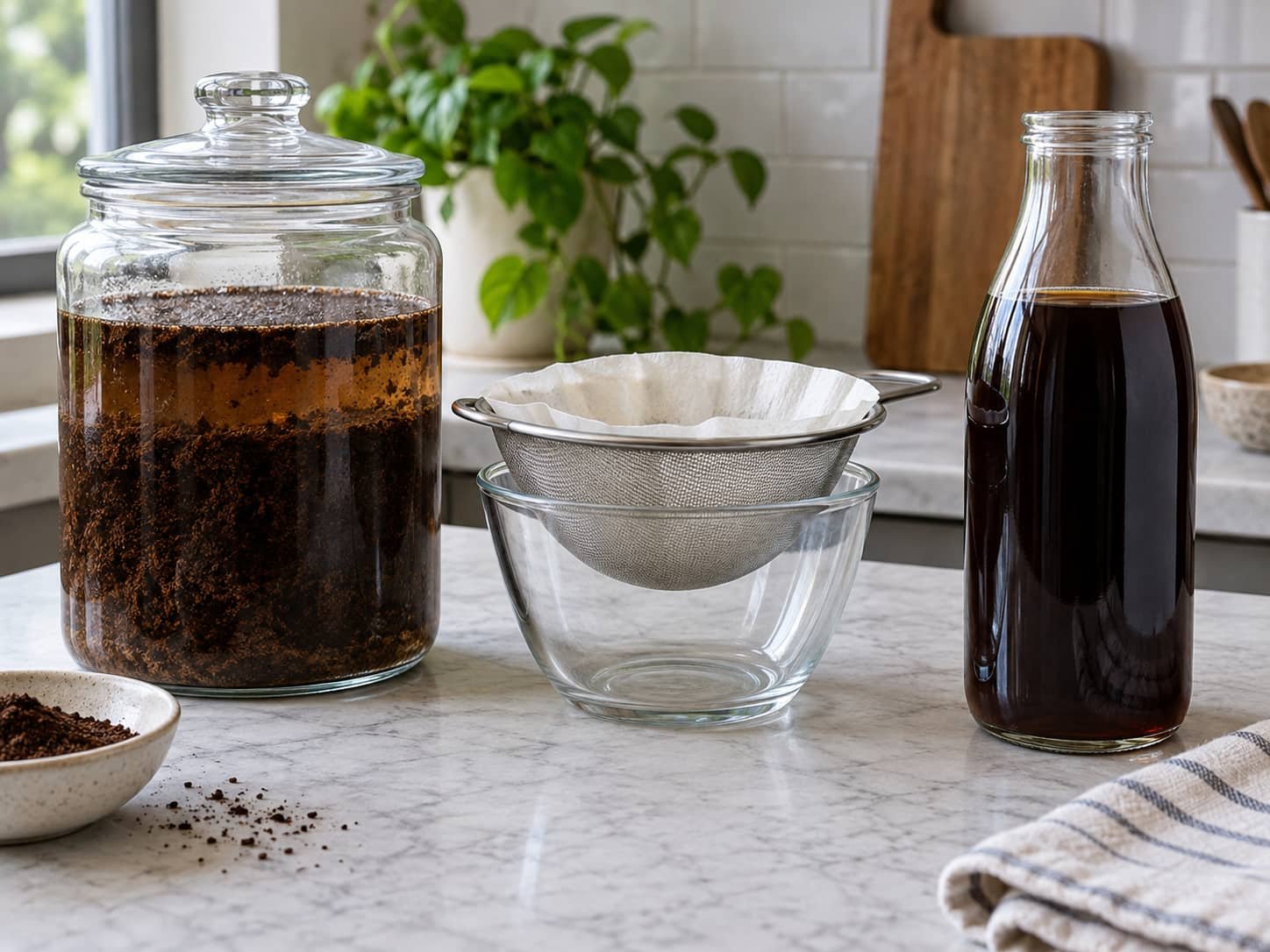 Cold brew coffee steeping, filtering, and finished concentrate in separate containers