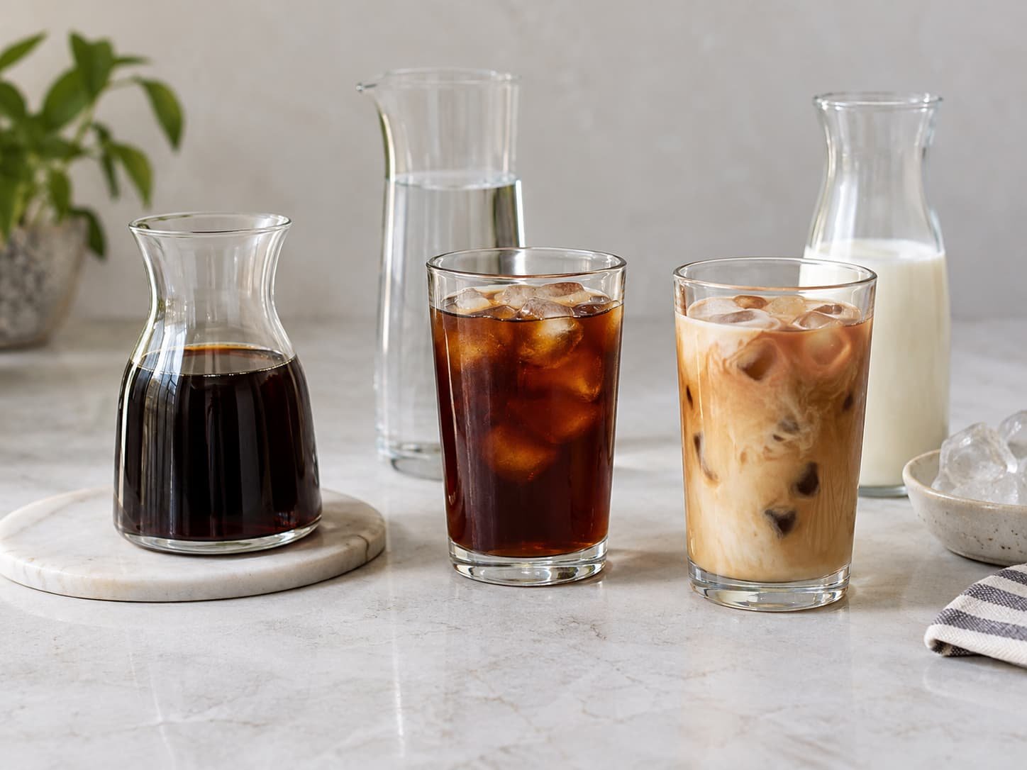 Cold brew concentrate shown with water and milk as dilution options for iced coffee