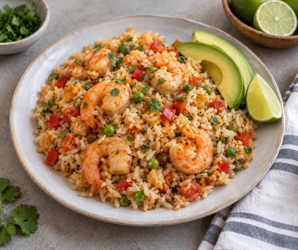 Colombian-style shrimp and rice with vegetables, avocado, and lime