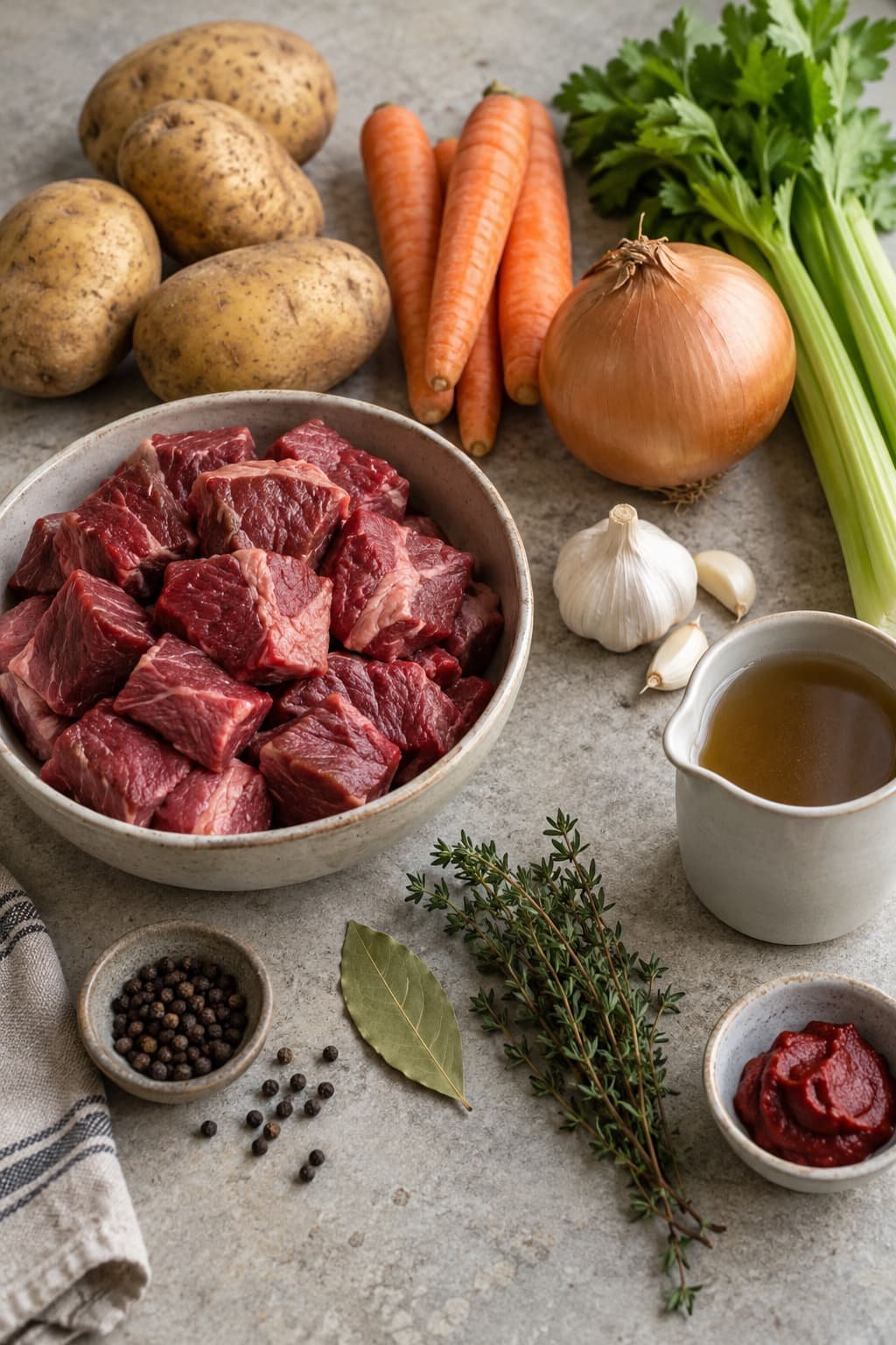 Common beef stew ingredients including beef, potatoes, carrots, onions, celery, broth, herbs, and optional tomato paste