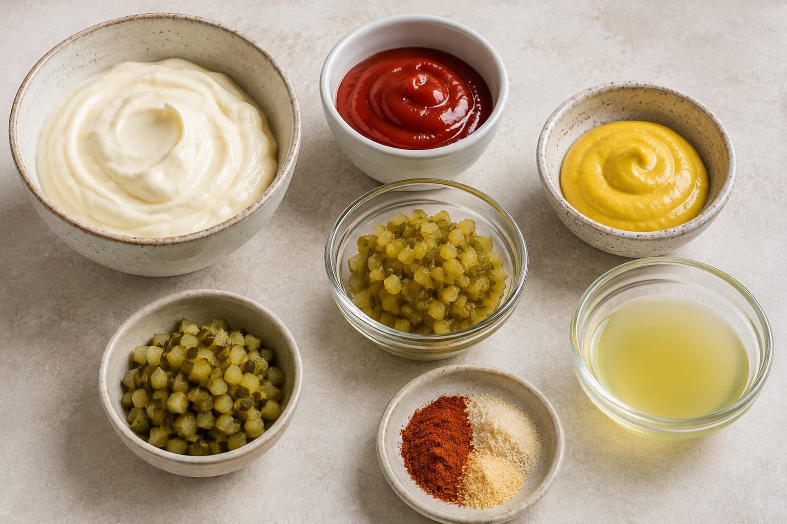 Common burger sauce ingredients including mayonnaise, ketchup, mustard, pickles, relish, and seasonings