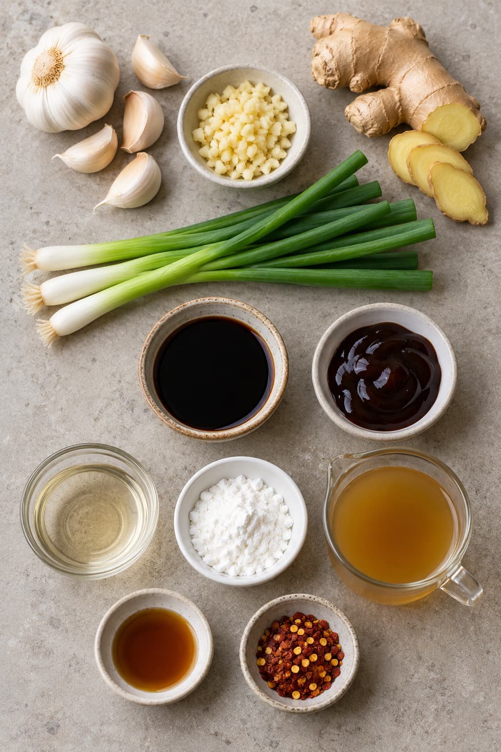 Common garlic stir-fry sauce ingredients including garlic, ginger, soy-style sauce, vinegar, cornstarch, broth, and chili