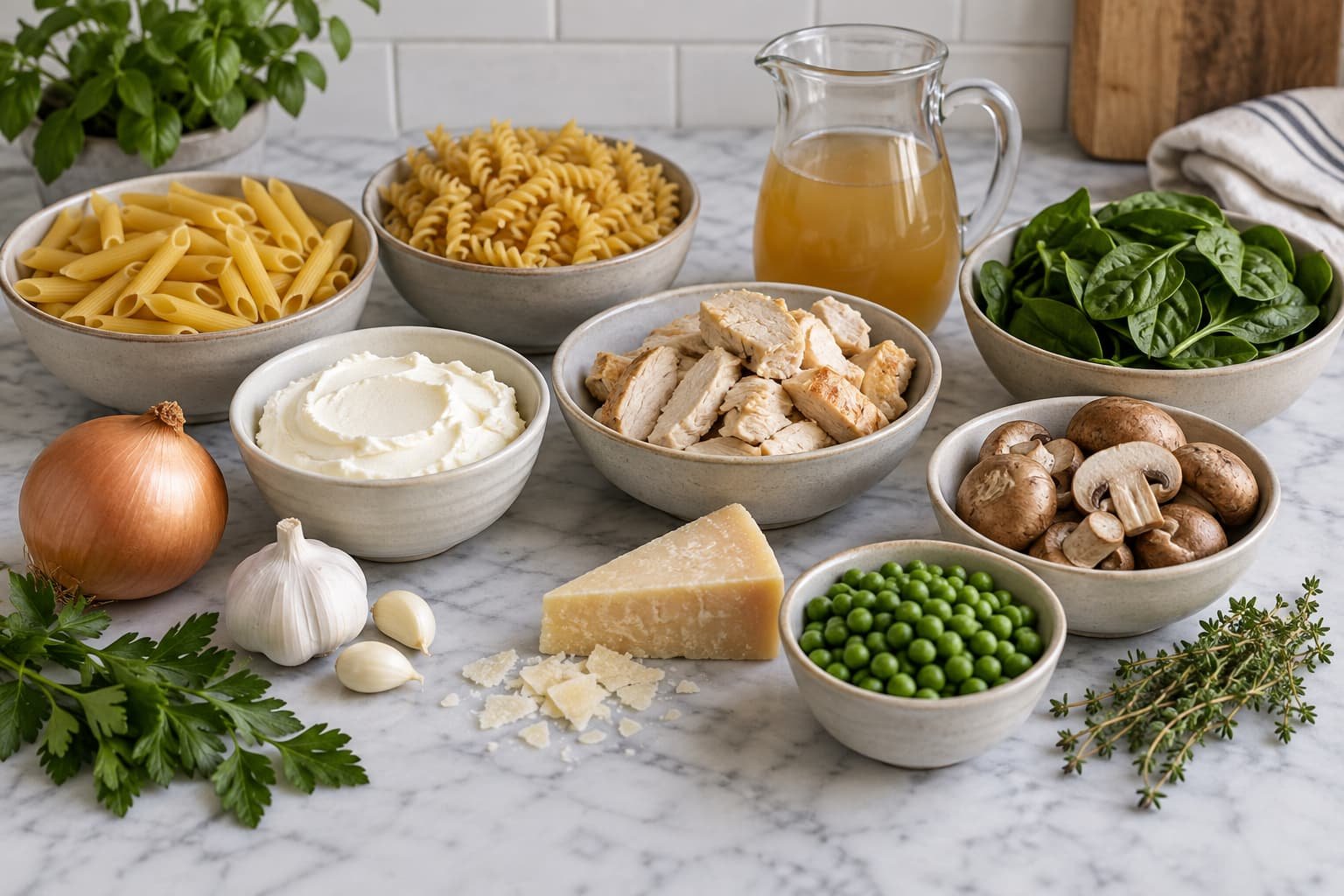 Common ingredients used in cream cheese chicken pasta, including pasta, chicken, cream cheese, vegetables, and Parmesan