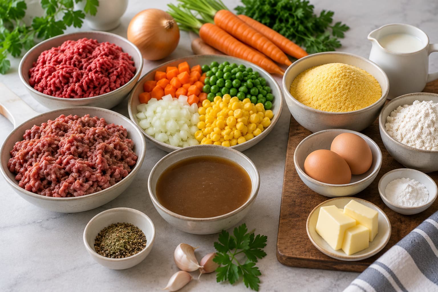 Common meat, vegetable, savory filling, and cornbread ingredient categories