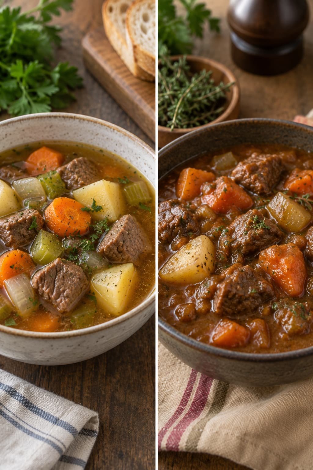 Comparison of broth-style beef stew and thicker gravy-style beef stew