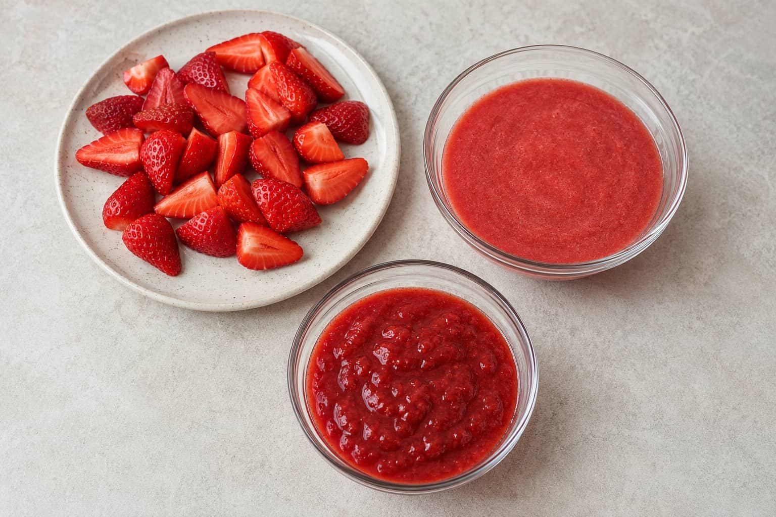 Comparison of fresh sliced strawberries, strawberry purée, and thicker strawberry sauce