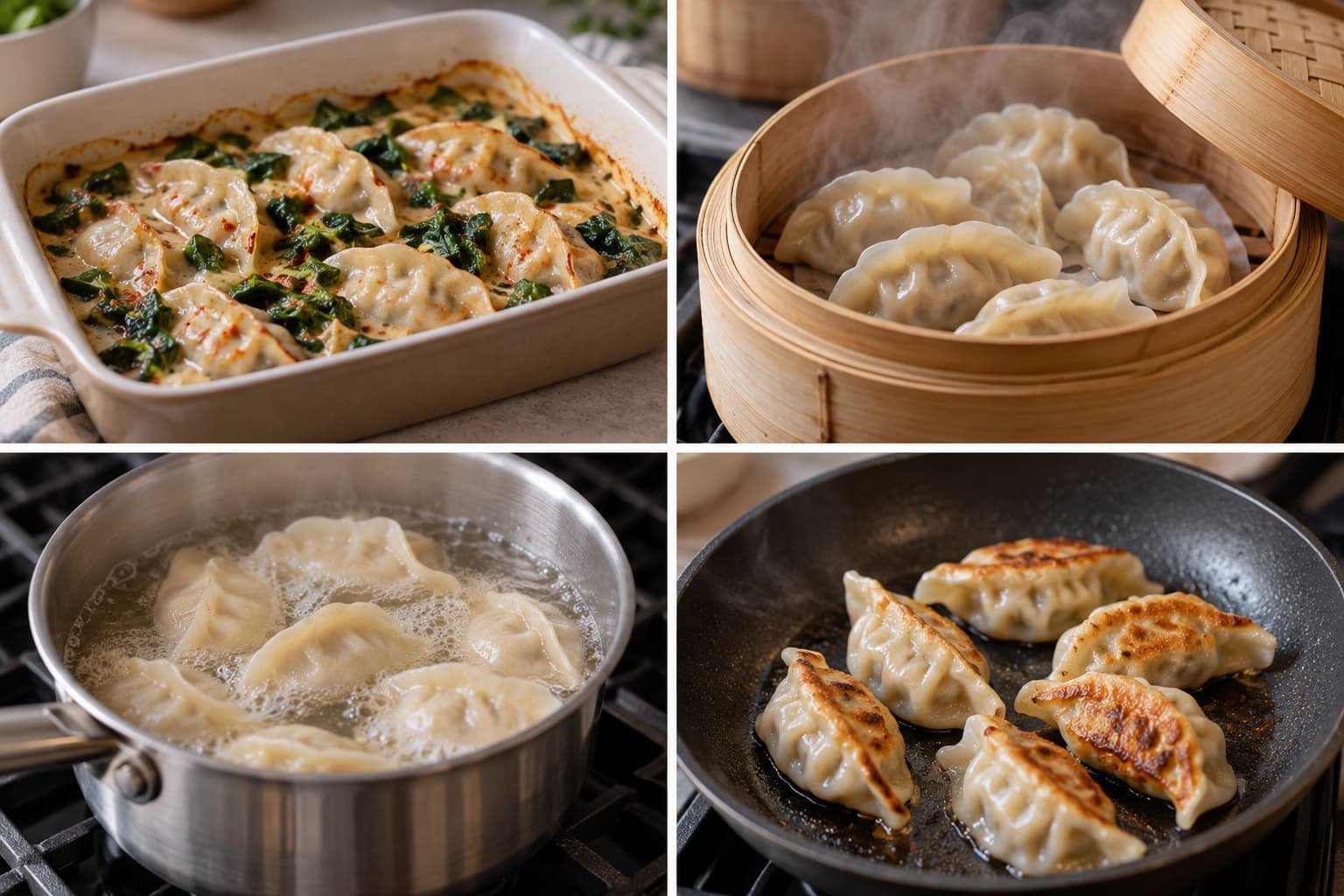 Comparison of saucy baked, steamed, boiled, and pan-fried dumpling cooking methods.