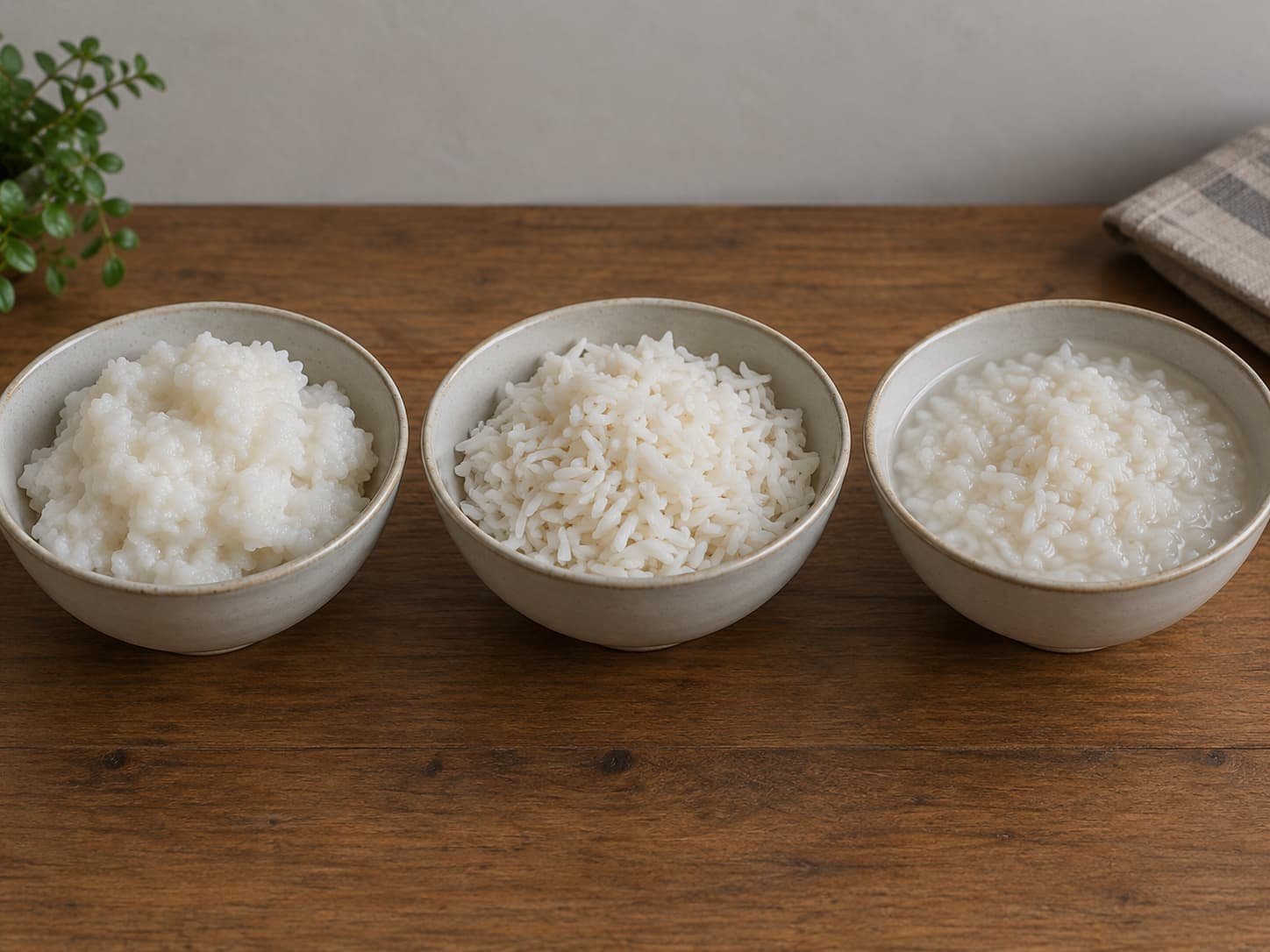 Comparison of soft, firm, and overly wet cooked rice textures