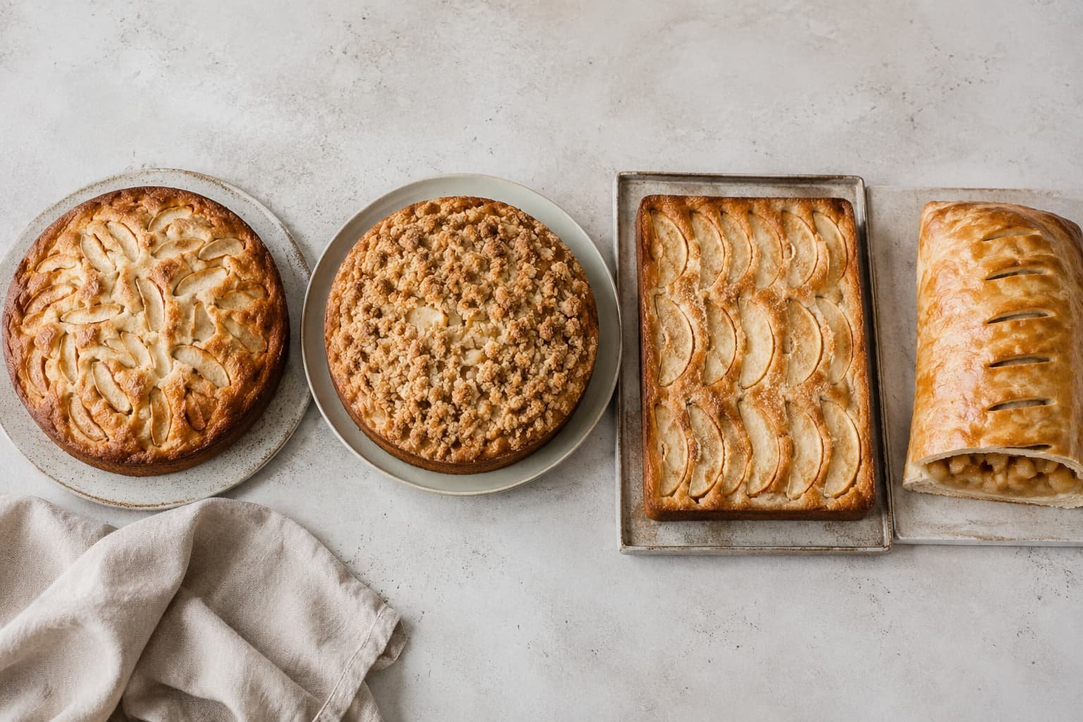 Comparison of sunken, streusel-topped, sheet, and covered German apple cake styles