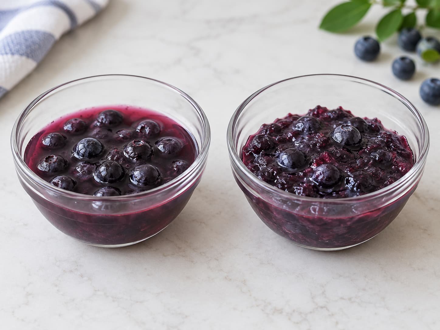 Concept comparison of a loose blueberry mixture and a thicker, more stable blueberry filling