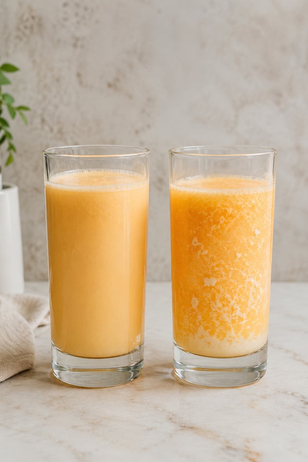 Conceptual comparison of a smooth orange cream drink and visible citrus-dairy separation