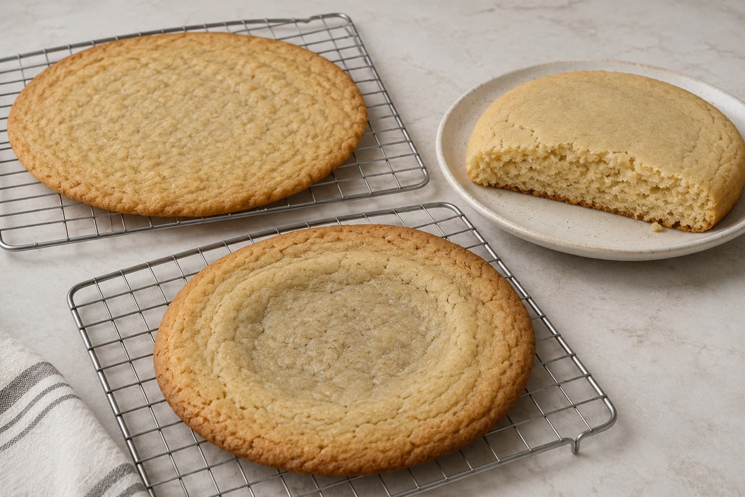 Conceptual examples of excessive spreading, dry texture, and center-to-edge texture differences in large sugar cookies