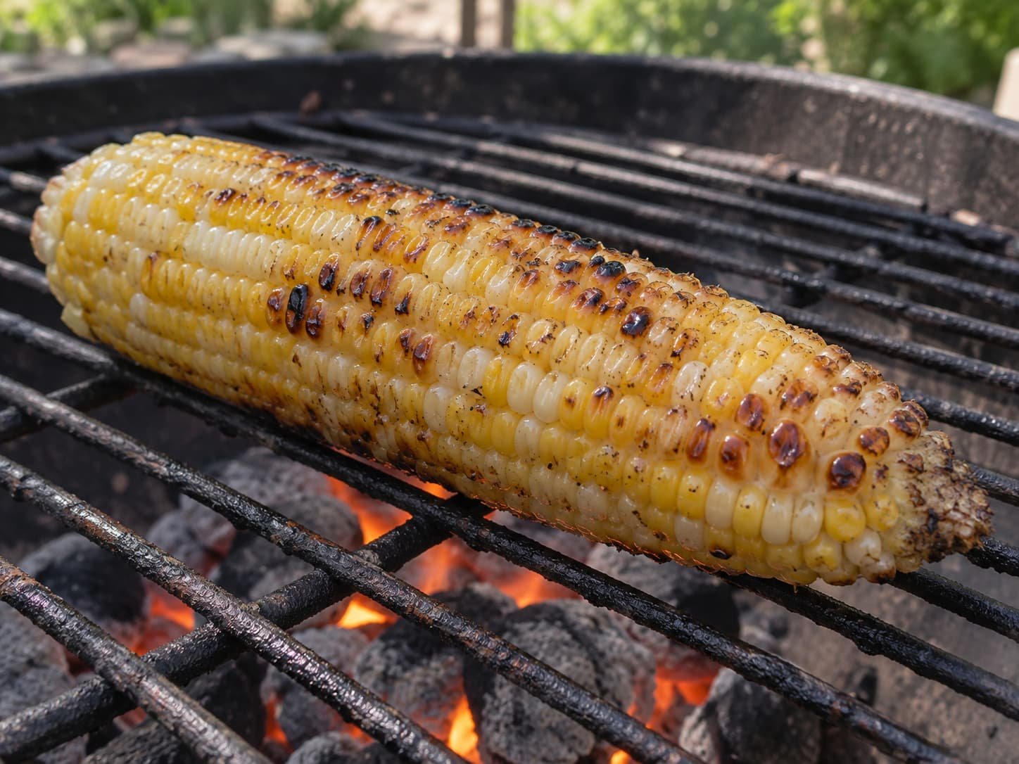 Corn on the grill showing pale, golden, and darker areas from uneven browning