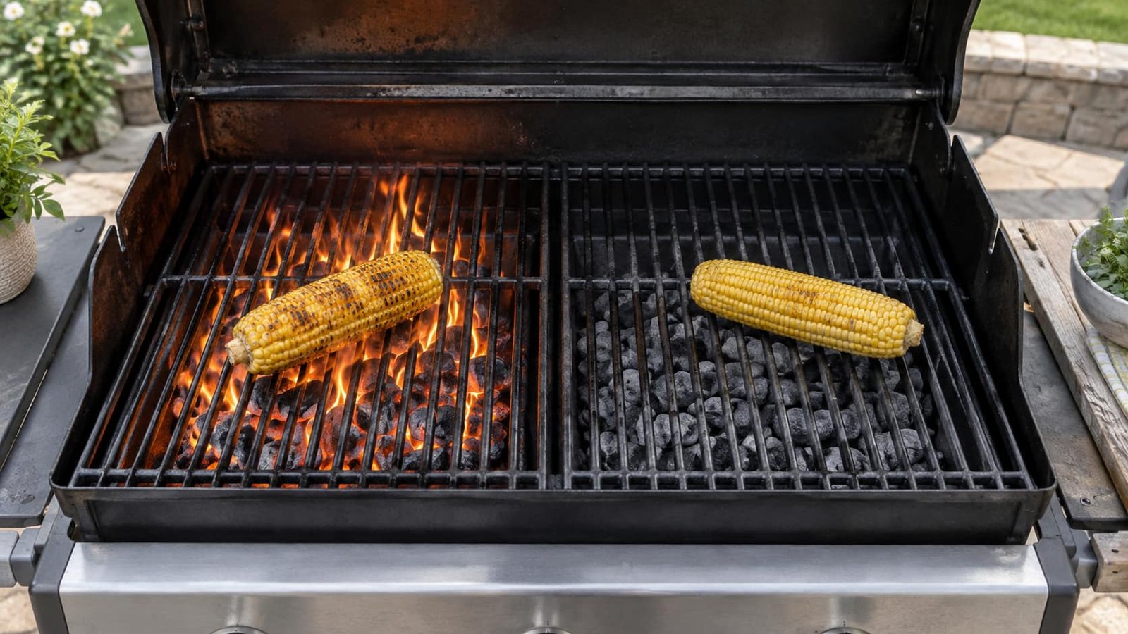 Corn positioned over direct and indirect heat zones on a grill