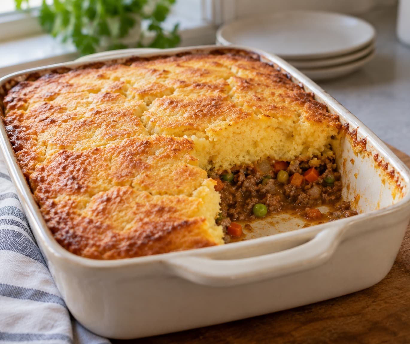 Cornbread-topped shepherd’s pie-style casserole with a savory meat and vegetable filling