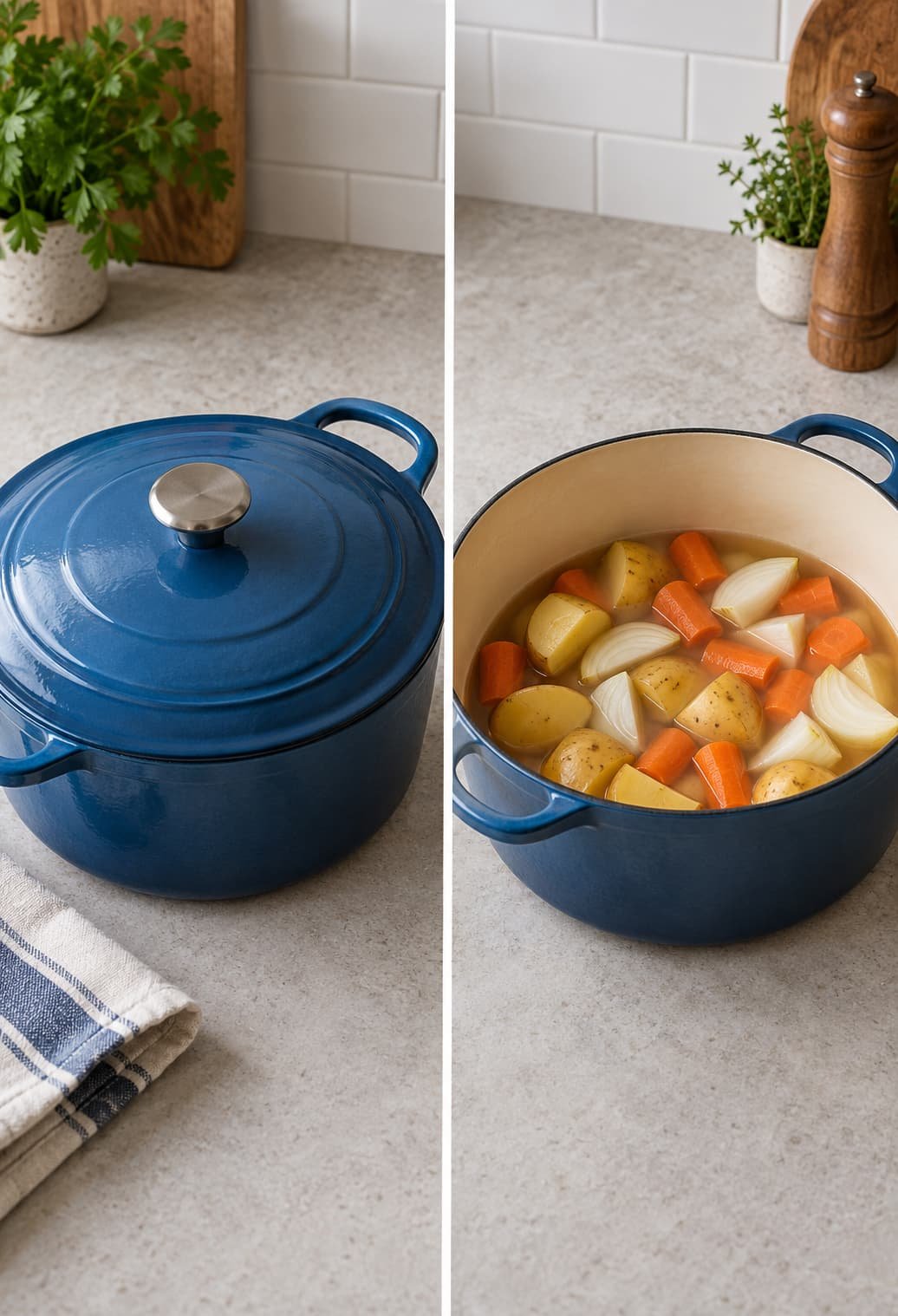 Covered and uncovered Dutch oven showing different cooking environments for pot-roast-style dishes
