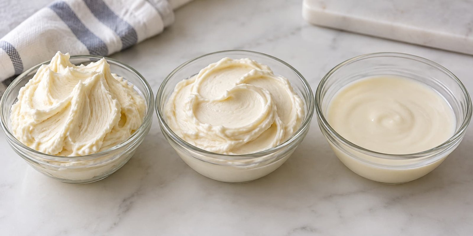 Cream cheese frosting shown in firmer, spreadable, and looser consistencies