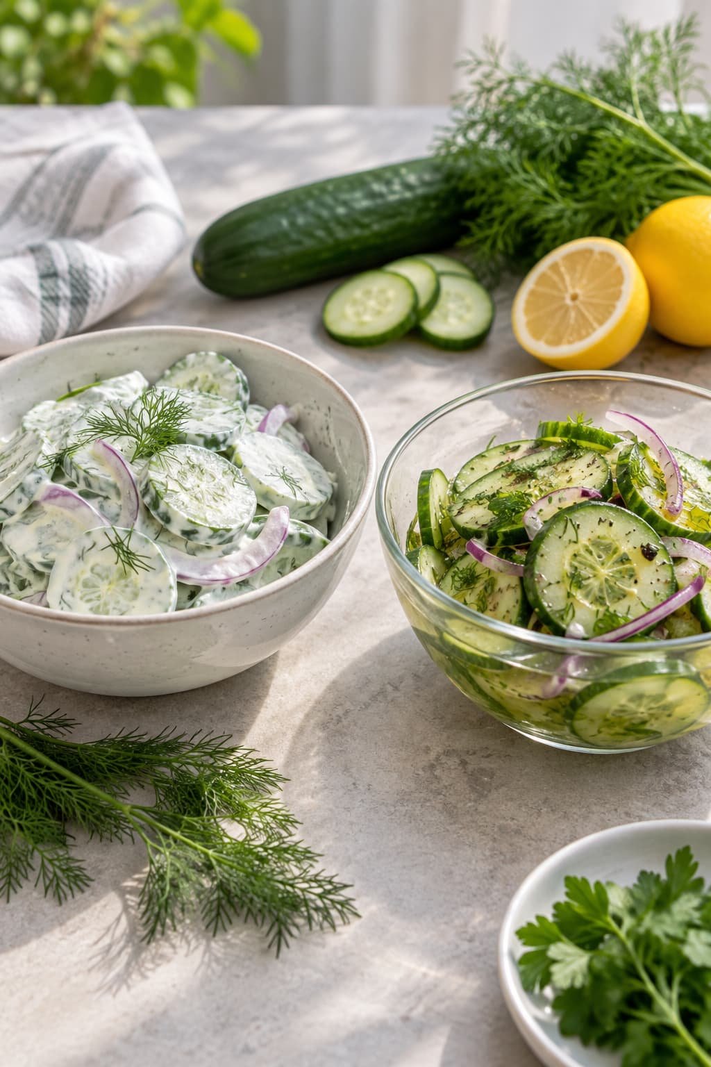 Creamy cucumber salad beside a vinegar-based cucumber salad