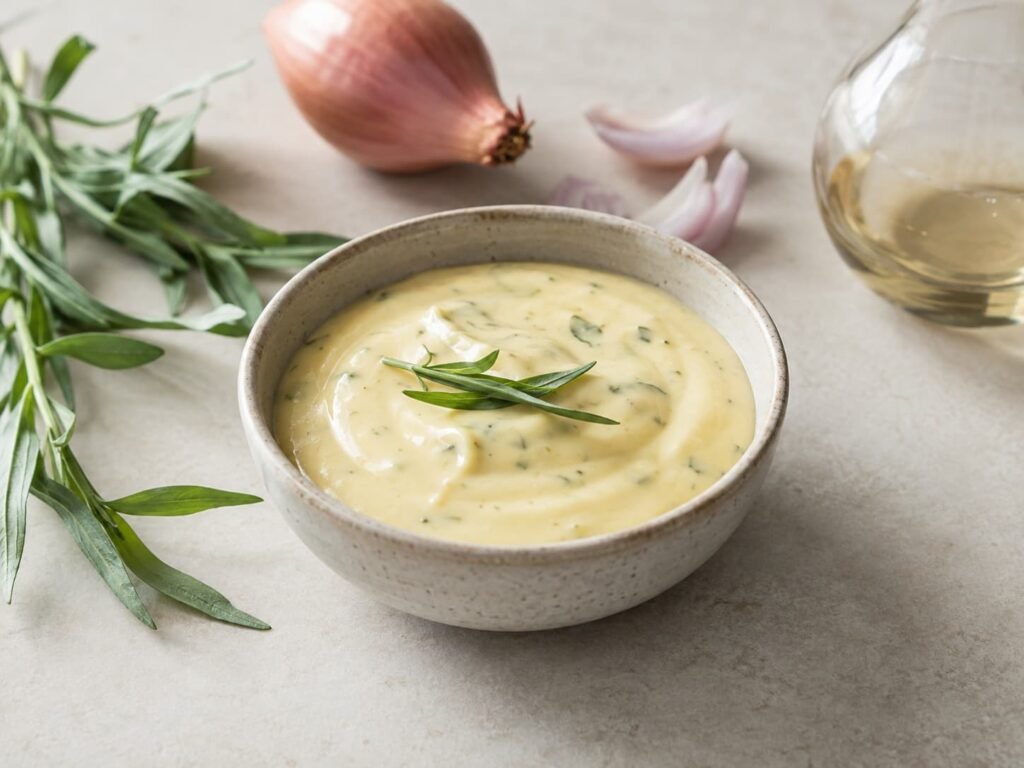 Creamy plant-based béarnaise-style sauce with fresh tarragon and shallot nearby