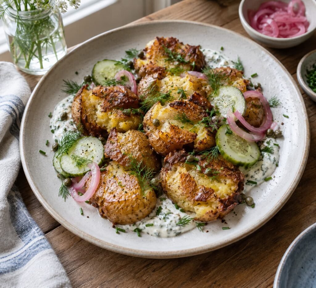 Crispy smashed potatoes with creamy herb dressing, cucumber, and fresh herbs