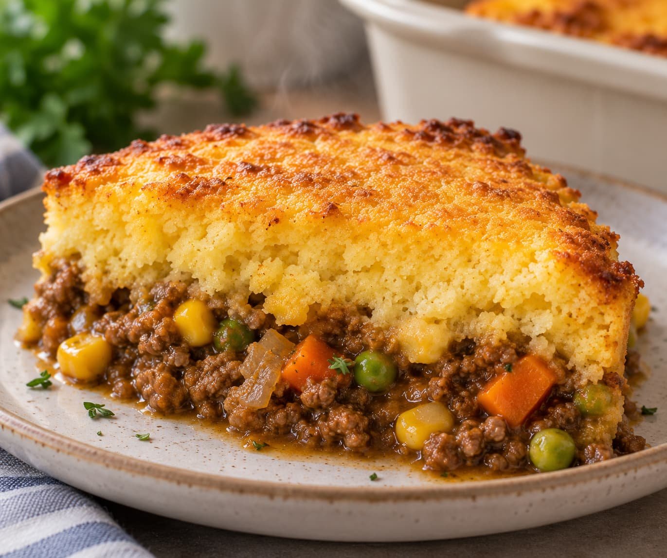 Cross-section showing cornbread topping above a moist savory casserole filling
