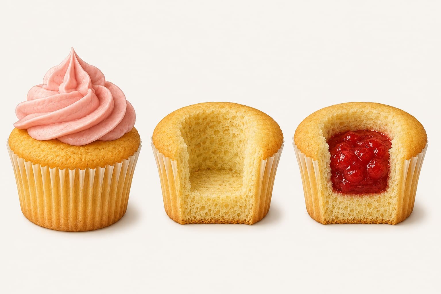Cutaway illustration showing a cupcake before coring, after creating the center cavity, and after adding strawberry filling