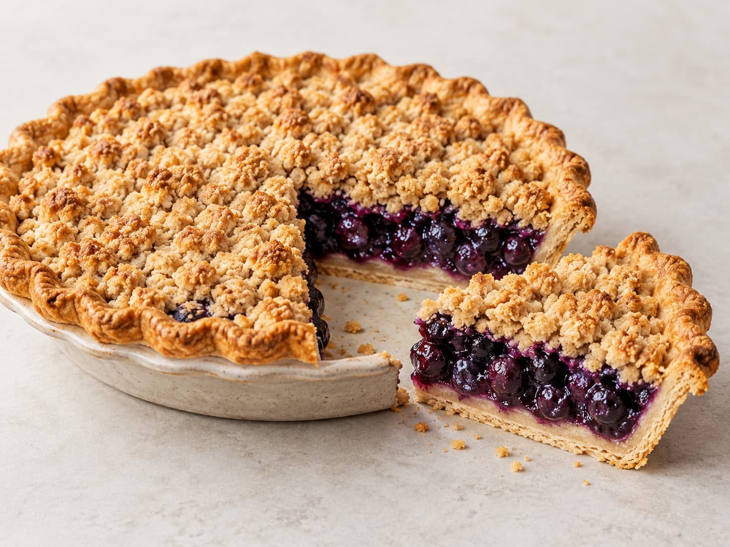 Cutaway illustration showing the crust, blueberry filling, and crumb topping layers of a blueberry crumb pie